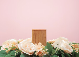 wood podium beige rose flowers on pink pastel background with space.beauty cosmetic skin care advertising stage,luxury romantic love valentines or mother gift, product pedestal platform stand display.