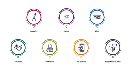 marketing & growth outline icons with infographic template. thin line icons such as inkwell, calm, reel, locking, charged, no sound, accomplishment vector.