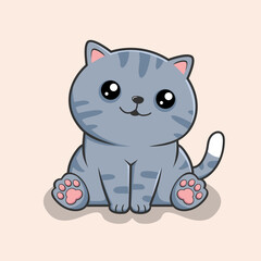 Cat Sitting Cartoon - Cute Tabby Gray Cat Sit Kawaii