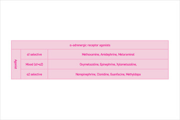 Table showing classification of α adrenergic receptor agonist drugs with examples. Blue background and text.