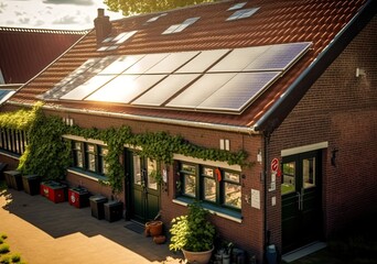 Fototapeta na wymiar Solar panels on the roof of a European house. Photovoltaic. Photovoltaic panels. Energy autonomy. Electrical autonomy. Illustration created with Generative AI.