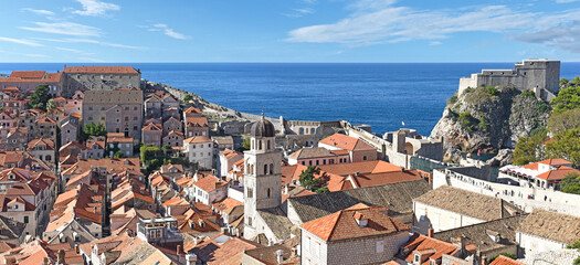 panoramic city over the old town of Dubrovnik to the Fort Lovrijenac, Croatia, Adriatic Sea, Dalmatia region
