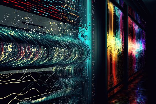 Information technology (IT) firm office database bits access stream visualisation programming code abstract Generative AI