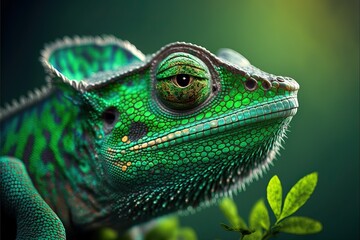 Green chameleon close-up on a green background, high resolution, nature, ecology, 3d rendering, environment, stylish wallpaper, highly detailed, rich colors, camouflage, disguise, amazing nature. AI