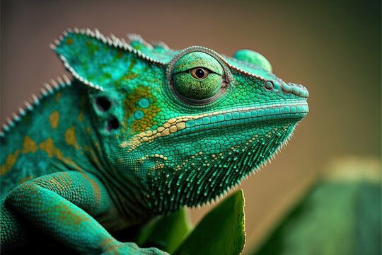 High-quality image Green chameleon close-up in high resolution,the concept of nature,bright saturated colors,photorealistic,detail,blurred background,3d rendering,fantasy, fauna,amazing,camouflage.AI