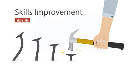 Skills Improvement, concept banner. Skill level. Man uses hammer and hammering nails, learning skill. Way from beginner to experienced specialist. Successful education, training