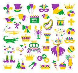 Mardi Gras carnival set icons, flat style. Collection Mardi Gras, mask with feathers, beads, jester hat, fleur de lis - 565656120