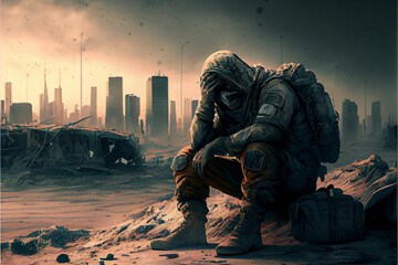 Sad soldier in a war area made by Generative AI