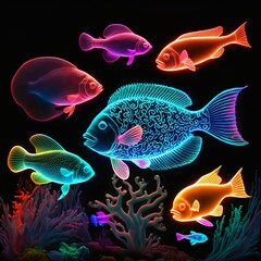 Glowing Neon Fish in Ocean with Coral
