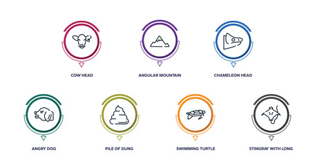 free animals outline icons with infographic template. thin line icons such as cow head, angular mountain, chameleon head, angry dog, pile of dung, swimming turtle, stingray with long tail vector.