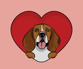 Fun Beagle dog hanging with paws in a big Valentine's day heart. Love heart with pet head and heart and footprint. Dog face Holding Pink Heart Cartoon Icon. St Valentine's day for dog funs.