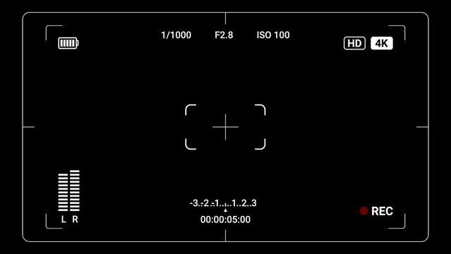 Video animation of a DSLR camera display with multiple settings and timer. 4K recording interface for video cameras.