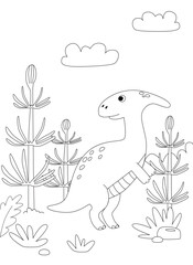 Funny cartoon dinosaur parasaurolophus. Black and white vector illustration for coloring book