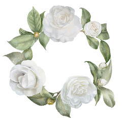 Camellia wreath in watercolor style on a transparent background. Hand-drawn watercolor floral illustration for your design.
 

