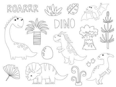 Set of cute dinosaur outlines in cartoon style. Kids coloring book illustrations.