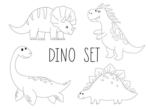 Set of cute dinosaur outlines in cartoon style. Kids coloring book illustrations.
