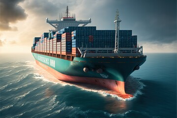 Container cargo ship with containers 4k cuts the water surface, beautiful sky, deadline, work, import, export, 3d render, beautiful wallpaper, sailor, economy, tanker, cruise, commercial, route. AI