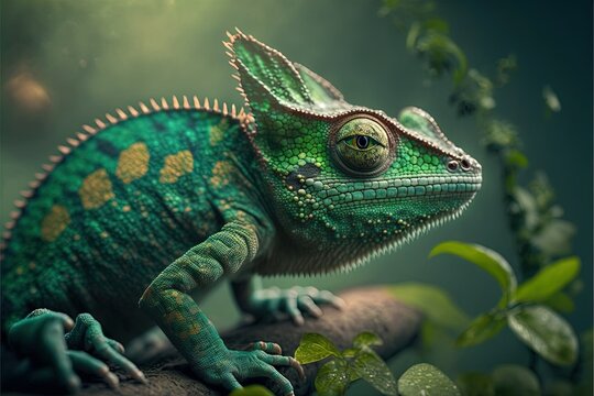 Photorealistic picture of a green chameleon close-up, science, nature, fauna, sitting, hiding, camouflage, color, terrarium, detail, high quality, wild animal, exotic, different colors. AI