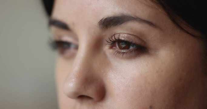 Serious beautiful young Indian woman looking away, winking. Close up picture of brown eye on eyelashes and mole at black eyebrow. Vision, eyesight care model 