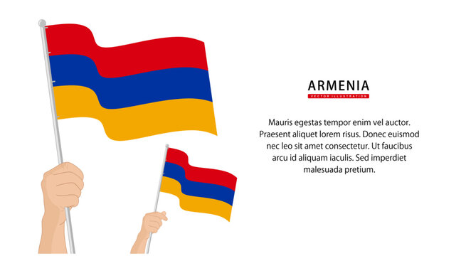 Hand holding Armenia flag. Illustration in flat style. Waving flag of Armenia isolated. vector illustration