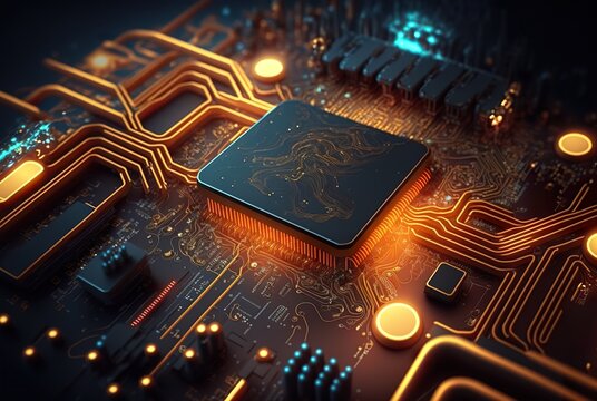 CPU der Zukunft auf modernen Motherboard. Darstellung zuk&uuml;nftiger Technologie der k&uuml;nstlichen Intelligenz. Leuchtender Prozessor.