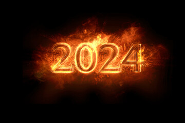 rok 2024 - napis zrobiony z ognia i fajerwerków rozświetlający ciemność - obrazy, fototapety, plakaty