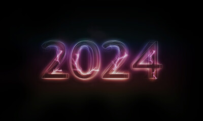 rok 2024 - napis neon pokryty wyładowaniami elektrycznymi rozświetlający ciemność - obrazy, fototapety, plakaty