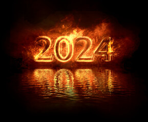rok 2024 - napis zrobiony z ognia i fajerwerków rozświetlający ciemność odbijający się w wodzie - obrazy, fototapety, plakaty