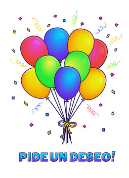 Pide un deseo card. Make a wish greeting bright cheerful cards set in Spanish with balloons and confetti. Flat vector illustration.