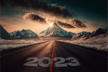 2021,2022,2023,2024 and so forth written on asphalt road leading towards infinity and mountain scenery in the background.