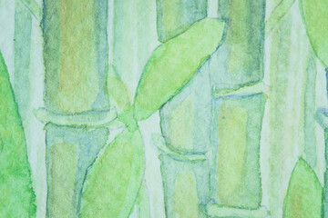 Green bamboo stems with leaves painted with paint. Painted in watercolor on white paper.