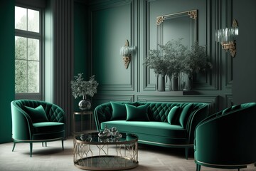 Grey green living room - Emerald furniture - Luxury room design interior mockup
