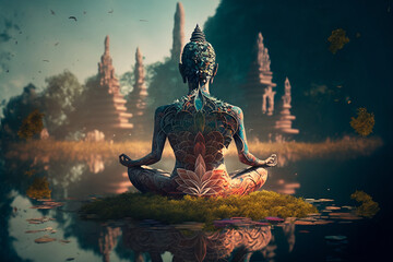 Man as a part of nature. A man meditates in the lotus position. Peace, nature