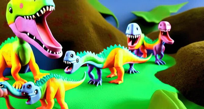rainbow clay dinosuars roaring in a green lush park animated claymation