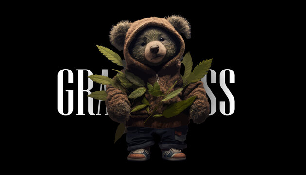Plush cute bear doll in an embrace with a marijuana bush on a black background. For street style t shirt design graphic. Vector illustration	
