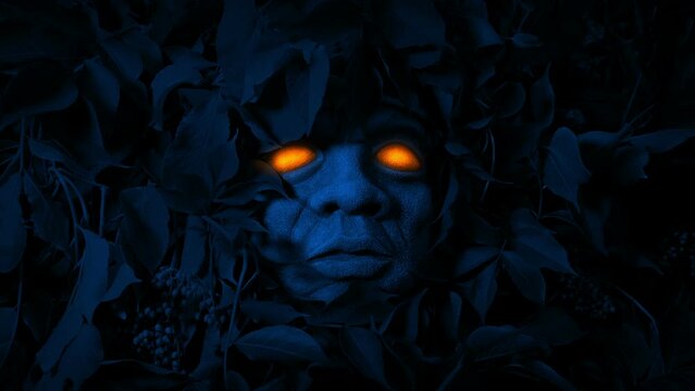 Eyes Glow On Scary Overgrown Statue At Night