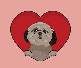 Small Shih Tzu dog hanging with paws in a big Valentine's day heart. Love heart with pet head and heart and footprint. Dog face Holding Pink Heart Cartoon Icon. St Valentine's day for dog funs.