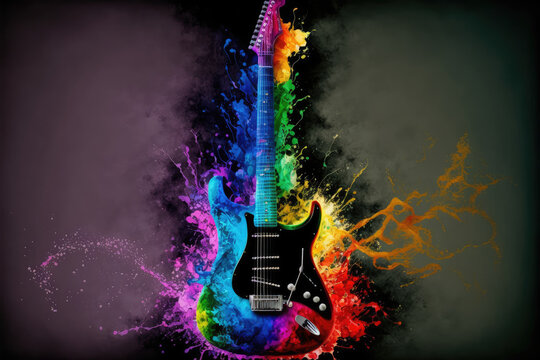 Electric guitar decorated with stylish creative colorful watercolor splash showing concept of beautiful music and lyrics creations and innovation. Peculiar AI generative image.