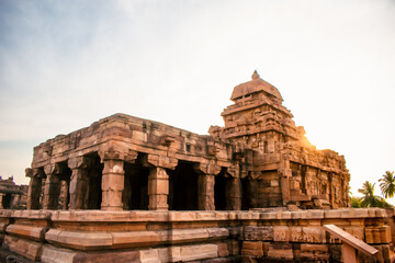 Ancient Sangameshwara temple with decorated pillars at Pattadakal heritage site,Karnataka,India.