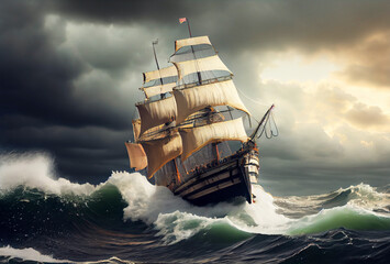 Classic sailing ship adrift in the ocean on a stormy day. Big waves. Travel and adventure concept. Generative Ai Art. - obrazy, fototapety, plakaty