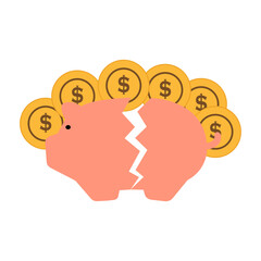 Broken piggy bank vector icon. Gold coins in piggy bank. Vector finance illustration.