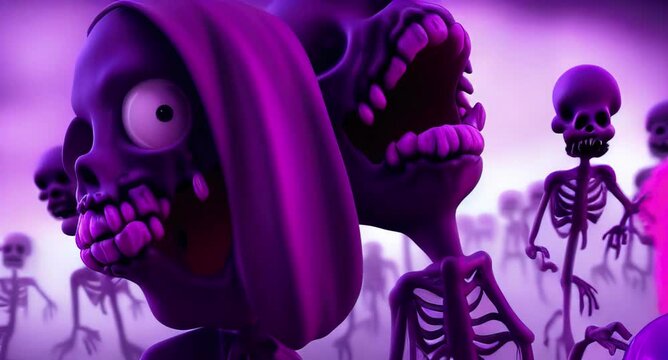 skeleton monsters with big eyes standing in a purple foggy field 3D zooming animation 
