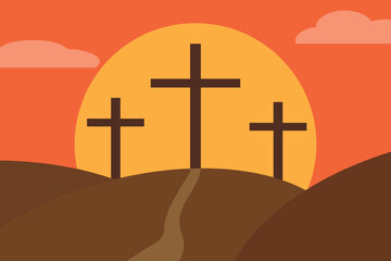 Crucifixion of Christ. Three crosses on a calvary. Good friday illustration. Christian image.