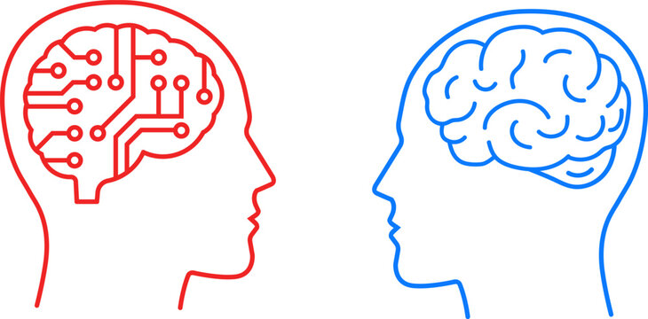 Illustration of ai vs human brain icon design in outline style.