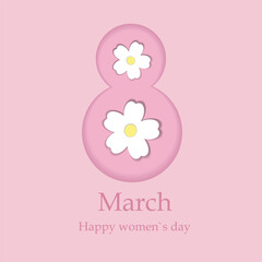 Happy Women's Day. 8 march concept. Eight with white flowers. Pink paper cut background. Vector illustration.