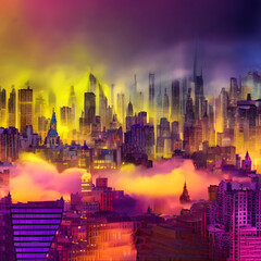 AI illustration Art magical Mysterious distant cityscape purple pink thick fog dark