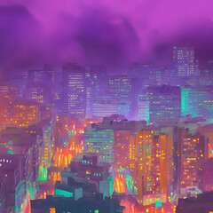 AI illustration Art magical Mysterious distant cityscape cartoon orange aqua purple