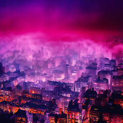 AI illustration Art magical Mysterious distant cityscape deep purple and pink glowing