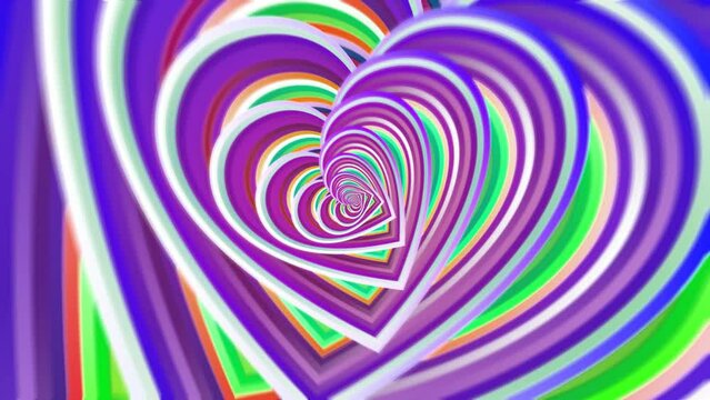 Seamless animation of a heart pattern swirl. Geometric graphic spiral with a psychedelic look.