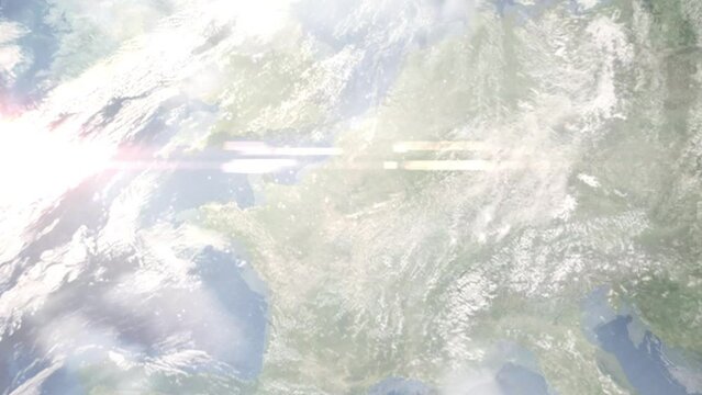Earth zoom in from outer space to city. Zooming on Sarcelles, France. The animation continues by zoom out through clouds and atmosphere into space. Images from NASA